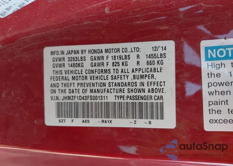 2015 Honda Cr-Z из США, поврежденный, VIN JHMZF1D43FS001311